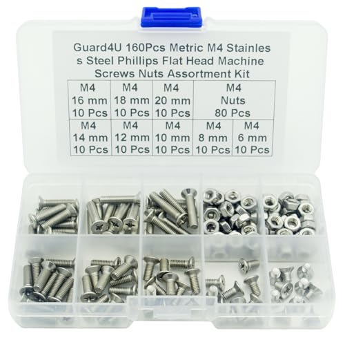 160Pcs Metric M4 304-Stainless Steel Phillips Flat Head Machine Screws Nuts Assortment Kit- M4 x 6mm/ 8mm/ 10mm/ 12mm/ 14mm/ 16mm/ 18mm/ 20mm - size: M4