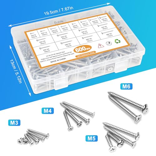 600PCS M3 M4 M5 M6 Stainless Steel Wood Screws Assortment Kit, 16 Sizes Round & Flat Head Metal Screws Self Tapping Screws Set for Wood Deck Drywall Concrete Screws, Length 6mm to 50mm - style: Silver Round & Flat Head 600PCS