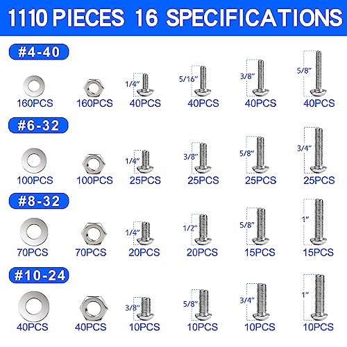 1110PCS Nuts and Bolts Assortment Kit, Stainless Steel Hardware Assortment Kit with Assorted Screws, Nuts, Bolts and Washers（#4-40#6-32#8-32#10-24）