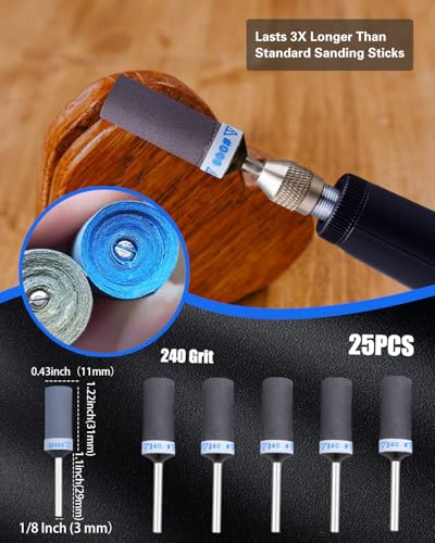 240 Grit Sanding Drums for Dremel Rotary Tools Accessories, 25PCS Sanding Bits Kit for Dremel Sanding Bands with 1/8 inch Shank, Sandpaper Sticks Set for Plastic Wood Metal Grinding Polishing - style: 240 Grit 25PCS