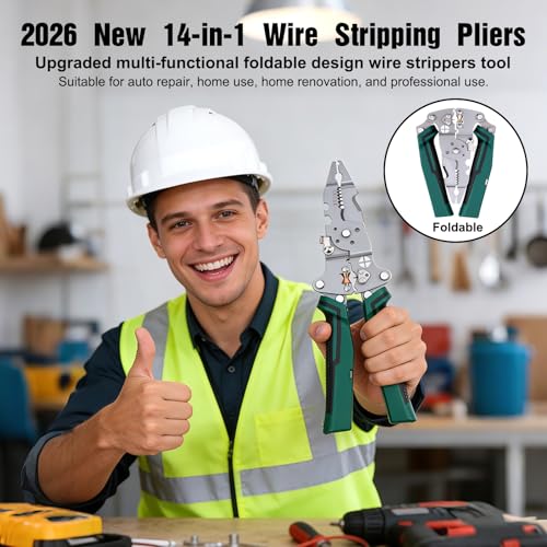 14 in 1 Folding Wire Stripping Pliers with Voltage Tester (Green)