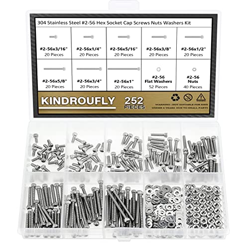 252 Pieces #2-56 x 3/16", 1/4", 5/16", 3/8", 1/2", 5/8", 3/4", 1", Hex Socket Head Cap Screws Nuts Washers Assortment Kit, 304 Stainless Steel, Fully Machine Thread - size: #2-56, style: Socket Head