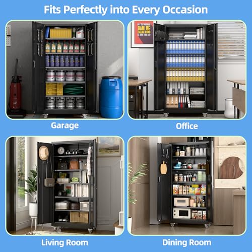 Aobabo Metal Garage Storage Cabinet with Wheels and Pegboard, Black - color: Black, size: 16"D x 32"W x 71"H-0 Drawers
