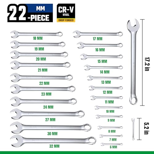 SK Combination Wrench Set, Metric 6 to 32mm, 22-Piece, Premium CR-V Steel - size: Metric 6 to 32 mm