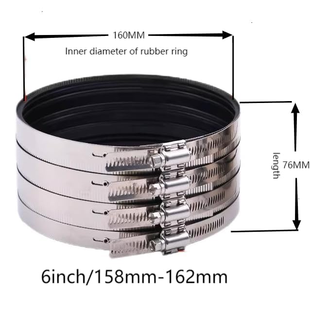 Flexible pipe Coupling with Stainless Steel Clamps.Pipe Connector for PVC and Metal Pipes (6 inch/158mm-162mm) - size: 6 inch (158-162 mm)