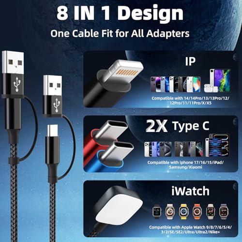 Travel Essentials 4-in-2 Multi Charging Cable for Apple Watch Charger, 5FT - color: Black, size: 2Pack 5FT