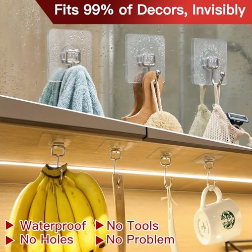 Latoxcaa Large Adhesive Hooks 30-Pack, Heavy Duty 44lb(Max) Wall Hooks for Bathroom, Outdoor, Strong Self-Adhesive Towel & Coat Hooks, Waterproof Transparent Utility Hooks for Home Improvement - size: 30-Large Hooks