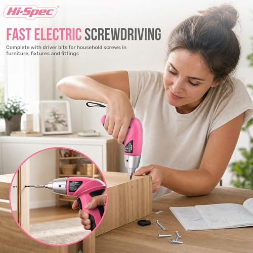 Hi-Spec 4V Electric Ladies Screwdriver Tool Kit Compact Portable Case, Pink - color: Pink