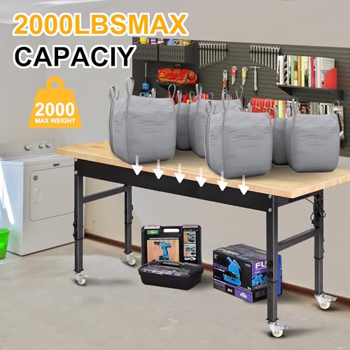 60" Adjustable Work Bench, Rubber Wood Top Workbench - size: 60 inches (with socket and wheels)