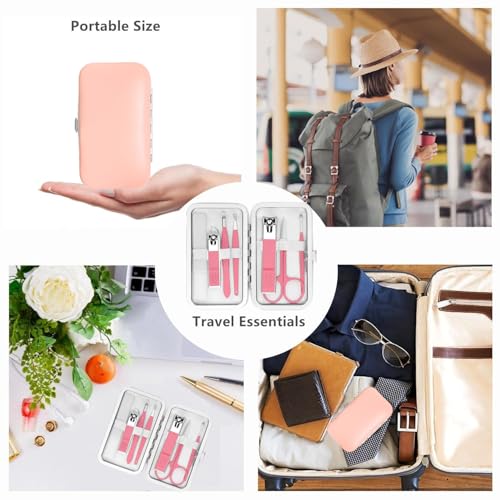 Manicure Set Women Nail Kit with Nail Clippers Eyebrow Tweezers Glass Nail File with Case Manicure Pedicure Kit Grooming Kit Personal Care Tools for Home Outdoor Travel Gift Giving Salon - color: Pink