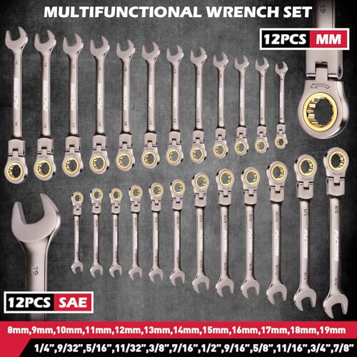 Premium 24-Piece Flex-Head Ratchet Wrenches Set with Magnetic Organizers, Metric SAE 8-19mm 1/4"-7/8", Cr-V Ratcheting Wrenches with 72 Teeth 180° Flex Head, Ratchet Combination Wrench Set for Repair - style: 24-Piece Flex-Head (SAE & Metric)