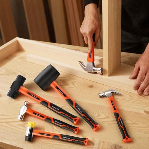 PINOZE 6-Piece Hammer Mallet Set with Fiberglass Handle Forge Steel Head, 16oz Ball Pein Hammers | 32oz Rubber Mallet | 3lb Sledge | 16oz & 8oz Claw Hammer | 22oz Double-Faced Mallet