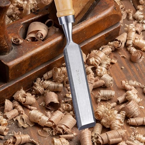 4Pcs Carbon Steel Wood Chisel Set, Beveled Blades with Guards, Wood Handle Woodworking DIY Tools (1/4", 1/2", 3/4", 1")