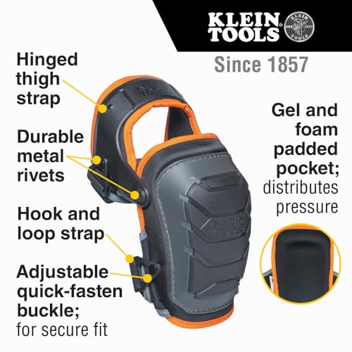 Klein Tools 60491 Hinged Knee Pads, Heavy Duty Gel Foam Protective Knee Pads with Quick-Fasten Buckle and Thigh Strap, Black - size: Standard