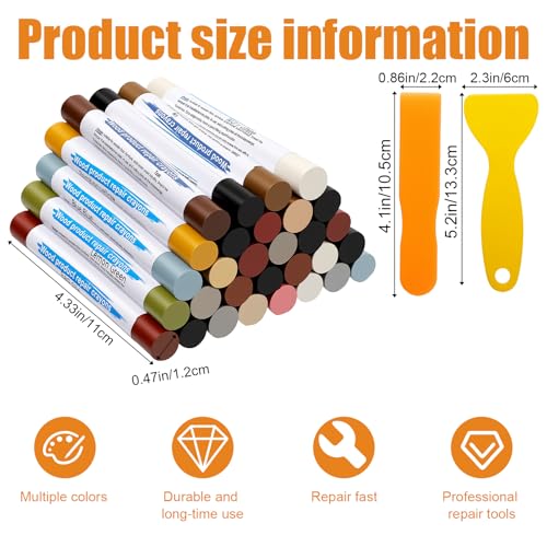 32Pcs Wood Filler Sticks, 30 Colos Wood Filler Putty Wax Crayons, Furniture Repair Kit, Putty Sticks for Baseboard Cabinets Furniture Floors (with 2 Scrapers)