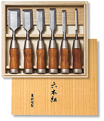 KAKURI Japanese Wood Chisel Set 6-Piece, Damascus Blue Paper Steel #2 Blade