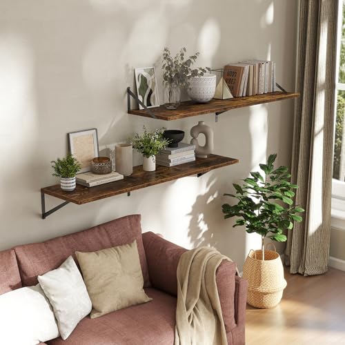 Acovy Deep Floating Shelves Wall Mounted, 48"x12" Brown Wood Shelves with Brackets Set of 2 for Bedroom, Living Room, Bathroom, Kitchen, Office - Storage & Display Shelf for Decor, Books, Plants - color: Rustic Brown, size: 48"Wx12"D-2pcs