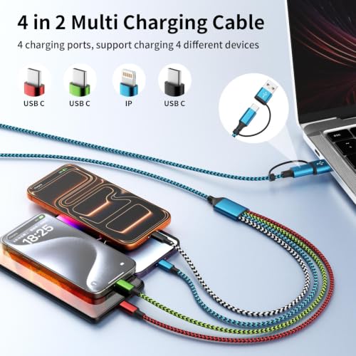 Cruise Essentials 4 in 2 Multi Charging Cable, USBA/ C Phone Charger Cord - color: Red&Blue&White&Green