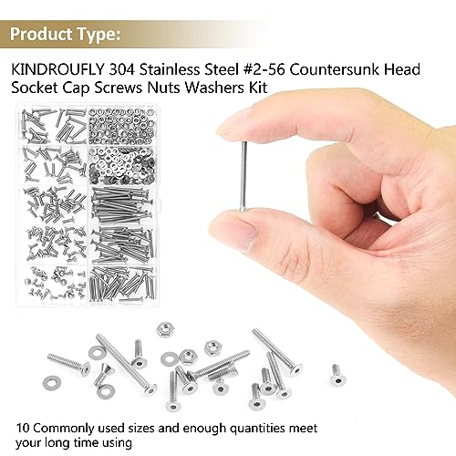 252 Pieces #2-56 x 3/16", 1/4", 5/16", 3/8", 1/2", 5/8", 3/4", 1", Countersunk Head Socket Cap Screws Nuts Washers Assortment Kit, 304 Stainless Steel, Fully Machine Thread - size: #2-56, style: Countersunk Head