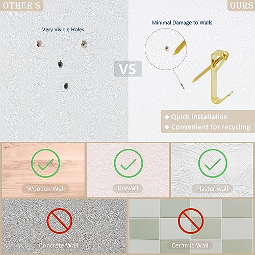 200Pcs Picture Hanging Kit with Nails & Hooks 10/30/50lb for Drywall - style: Gold