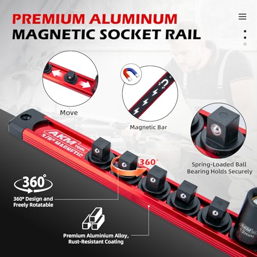 3/8 Inch Drive Magnetic Impact Socket Set, 14-Piece Metric, 7mm-19mm, 6 Point, Cr-Mo, Square Drive, Magnetic Socket with Adapter and Magnetic Rail - size: 14PCS 3/8" Magnetic Socket with Rail