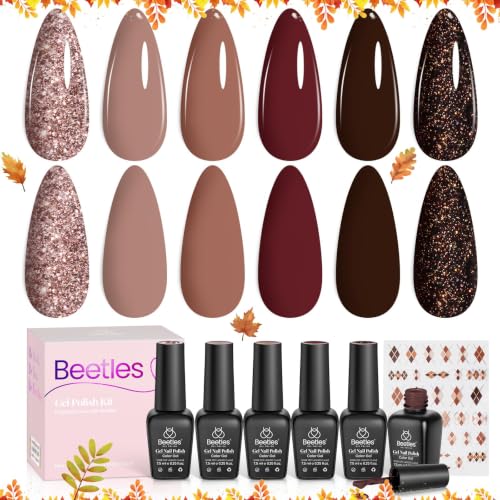 Beetles Fall Gel Nail Polish Set, Academia Aesthetic Nude Brown Glitter Gel - color: A - Nude Brown Burgundy Gold Black | Academia Aesthetic