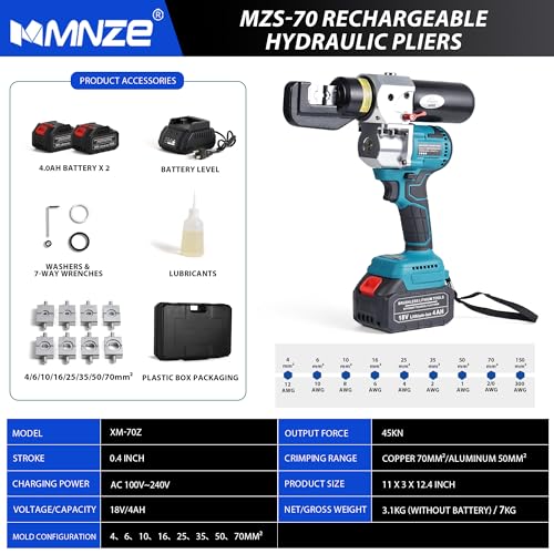 Electric Hydraulic Cable Lug Crimping Tool Auto-Oil-Return 6 Ton Hydraulic Electrical Wire Terminal Cable Lugs Crimper Rechargeable Crimping Tool Kits with 8 Dies, 12 AWG to 2/0 AWG