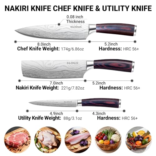 3-Piece Kitchen Chef Knife Set - 8" Chef Knife & 7" Nakiri Knife & 5" Utility Knife, Professional High-Carbon Stainless Steel Ultra Sharp Knives with Ergonomic Wood Handle & Gift Box for Cooking