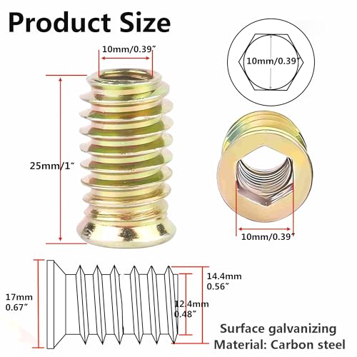 40Pcs 3/8"-16 x 25mm Furniture Screw in Nut Threaded Wood Inserts Bolt Fastener Connector Hex Socket Drive for Wood Furniture Assortment (with Hex Spanner) - size: 3/8"-16 x25mm