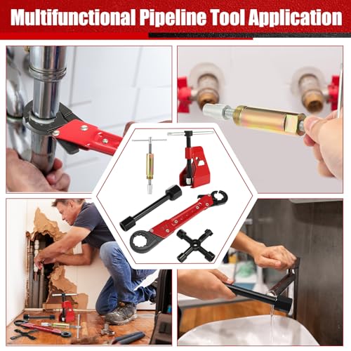5 Pcs Angle Stop Wrench Kit Plumbing Tool, Compression Sleeve Puller for 1/2" Compression Fittings, Ferrule Puller Removal Tool for 1/2" Copper Tubing Nut, 4-way Multi-functional Utility Key - color: Red