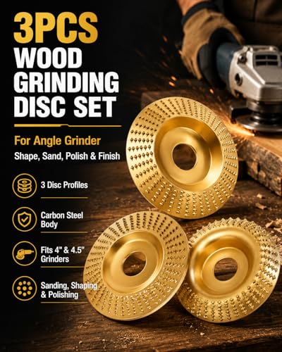 3PCS Wood Carving Tools Sanding Disc Stump Grinder Angle Polishing Pad Grinding Tungsten Carbide Wheel Discs for Attachments Tiktrove Sander Blades Set Pads Cutting Scraper Cordless (Gold)