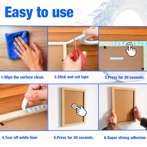 ADY Double Sided Tape Removable,Clear Picture Hanging Strips for Wall Mounting No Residue, Damage-Free - color: transparent
