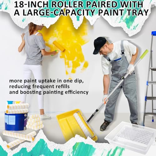 18 inch Paint Roller Kit, 22 PCS Large Paint Roller Tray with Liner, 18 inch Rollers for Painting, Rollers and Frame, 4 FT Extension Pole, Suitable for DIY Interior Walls, Rooms