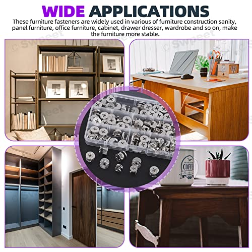 Swpeet 100Pcs 4 Sizes 3 in 1 Furniture Connecting Cam Lock Fittings Assortment Kit, Fastener Cabinet Connectors Hardware Bolts Furniture Connecting Lock Nut for Closets Bed Furniture Connecting