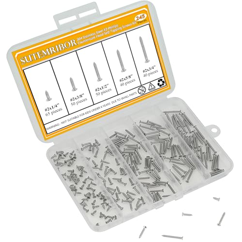 245 Pieces #2 x 1/4" 3/8" 1/2" 5/8" 3/4" Wood Screws Set, Phillips Countersunk Head #2 Self-Tapping Screws Assortment Kit, 304 Stainless Steel - size: #2, style: Phillips Countersunk Head