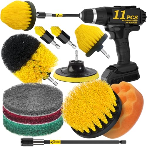 Holikme 11 Piece Drill Brush Attachment Set Scouring Pads Power Scrubber Brush Scrub Pads for Bathroom Surfaces, Floor, Tub, Shower, Grout, Tile, Corners,Cleaning Brush