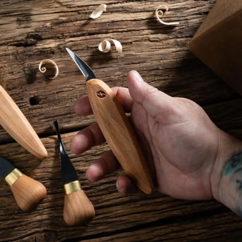 Flexcut Premium Series Wood Carving Tool Set, 4-Piece Beginner Palm & Knife Set with Cutting and Detail Knives, Sweep and Parting Palm Tools, Ergonomic Cherry Wood Handles, USA Made