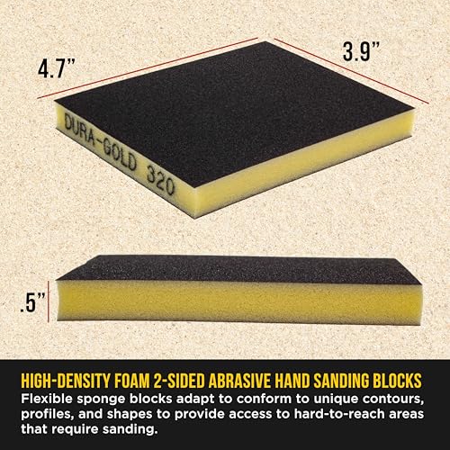 Dura-Gold Sanding Sponge for Wood, Metal 3200 Grit Box of 10-4.7" x 3.9" Wet or Dry Flexible Softback Sand Paper Foam Sanding Block for Drywall Abrasive Blocks Pad Double Sided Sandpaper - style: 320 Grit