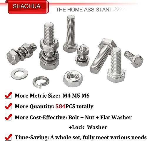 M4 M5 M6 Metric Bolt Assortment Kit 10mm to 50mm, A2-70 Hex Bolt, 304 Stainless Steel Heavy Duty Flat Hex Head Screws Bolts and Nuts Kit, Nuts Flat and Lock Washers(Silver), 584PCS - color: Silver - 584PCS M4 M5 M6