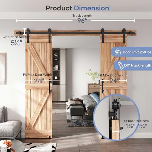 EaseLife 8 FT Double Sliding Barn Door Track and Handle Hardware Kit,Straight Pulley,Slide Smoothly Quietly,Easy Install (8FT Track Kit for 20"~24" Wide Double Door) - size: 8 FT-Double Door Kit