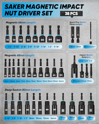 Saker Magnetic Nut Driver Set: 38pcs Impact Driver Socket Adapters with Bit Extension,Wing Nut Driver,Spark Plug Socket,Universal Hex Adapter - 4pcs Stainless Steel Kit - size: 38PCS