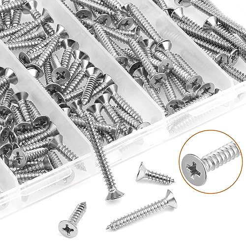 #6 x 1/2" 5/8" 3/4" 1" 1-1/4" Wood Screws Set, HELIFOUNER 160 Pieces Phillips Countersunk Head Self-Tapping Screws Assortment Kit, Phillips Flat Head Wood Screws, 304 Stainless Steel - size: #6