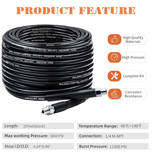 25FT Sewer Jetter Kit for Pressure Washer, 5800PSI Drain Cleaner Hose - color: Black -25FT hose