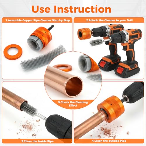 1/2" & 3/4" &1”Copper Pipe Cleaner Set for Drill with 1/4" Hex Shank | 2 Pipe Cleaning Brushes & 6 Exchange Blades & 1 Rod 3 Copper Metal Pipe Brushes Kit Plumbing Tools for Rust Stains Paint - size: 1/2" + 3/4"+1"