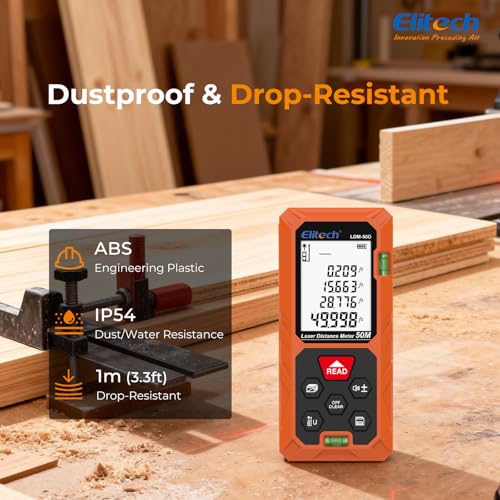 Elitech Laser Measuring Tool, 165ft Laser Tape Measure with Bubble Level - style: Dual Bubble