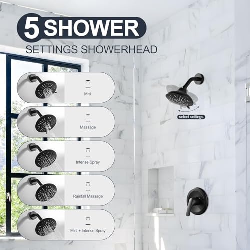 Shower Head Set with Valve, Black Shower Faucet Fixtures Set with Shower Rain Head Trim Kit for Bathroom - color: Black