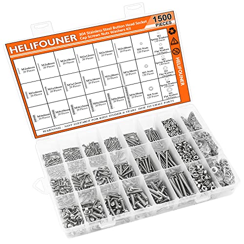 HELIFOUNER 1500 Pieces M2 M3 M4, 304 Stainless Steel Button Head Socket Cap Metric Screws Bolts Washers Nuts Hardware Assortment Kit with Hex Wrenches - style: Button Head