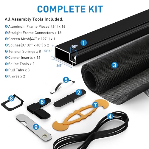 4 Pack Black Window Screen Frame Kit with Aluminum Frames Up to 46" X 46" - color: Black, size: 46 in X 46 in (4 Pack)