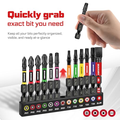 Geinxurn 27 Piece Impact Screwdriver Bits Set, 1"/2" Phillips/Torx/Square/SL Magnetic S2 Steel Driver Bits and Impact Bit Holder with Color Coded Base - size: 27pcs