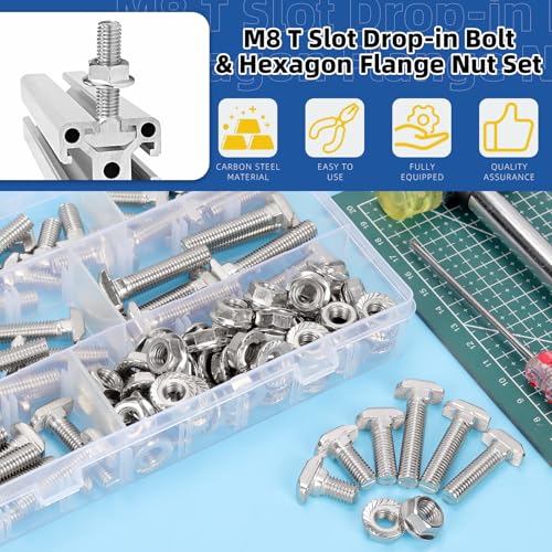 Glarks 120pcs M8 T Slot Drop-in Bolt with Hexagon Flange Nut Set, 16/20/25/30/35/40MM Hammer Head T-Bolt, T Shape Stud Sliding Screw Assortment Kit - size: M8